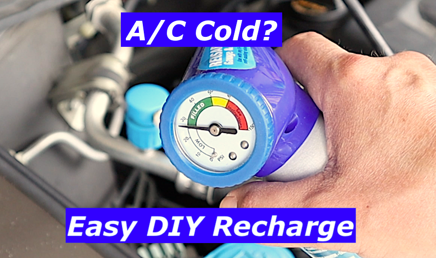 Person recharging car A/C system with R-134a can and pressure gauge labeled “Filled,” with text reading “A/C Cold? Easy DIY Recharge.”