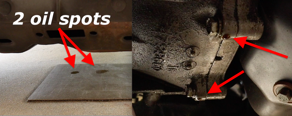 Rear main seal leak before AT-205 DIY test.