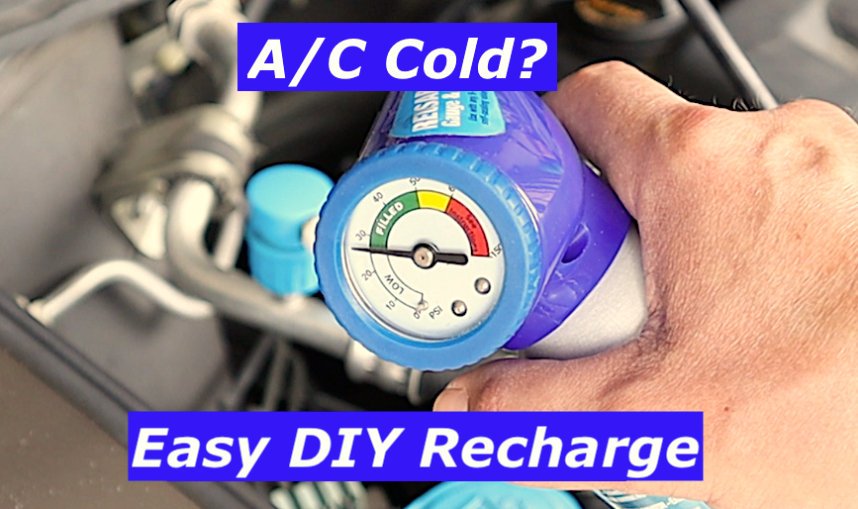 DIY car A/C recharge using R-134a with pressure gauge showing system pressure