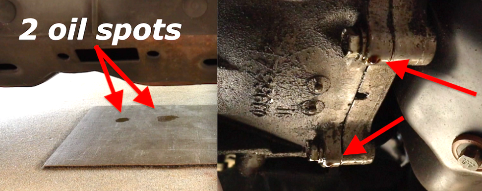 Rear main seal oil leak dripping under a Dodge Durango, showing oil spots on cardboard and fresh oil on the transmission bell housing