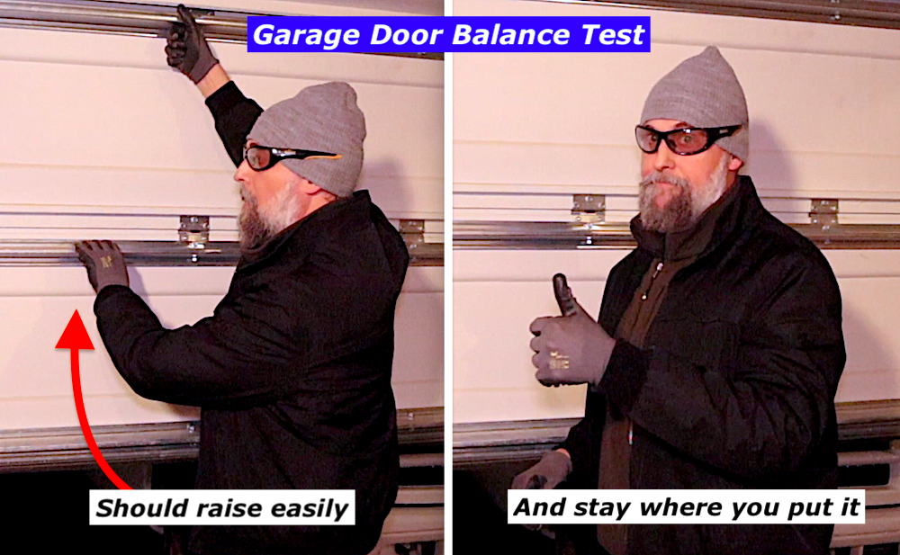 Garage door balance test showing door held halfway open after TorqueMaster Plus spring installation