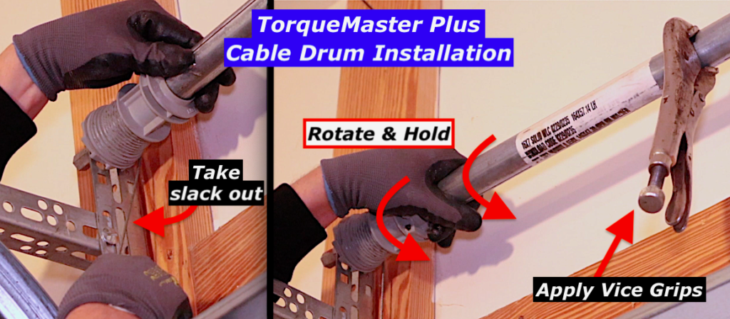Installing a Wayne Dalton TorqueMaster Plus cable drum while taking slack out of the lift cable and applying vice grips to the tube holding cable tight