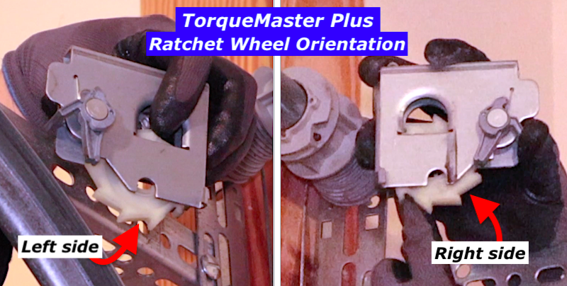 TorqueMaster Plus ratchet wheel orientation showing left side and right side end bracket differences