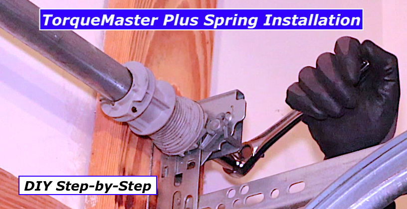 TorqueMaster Plus spring installation with ratchet tool tensioning the spring