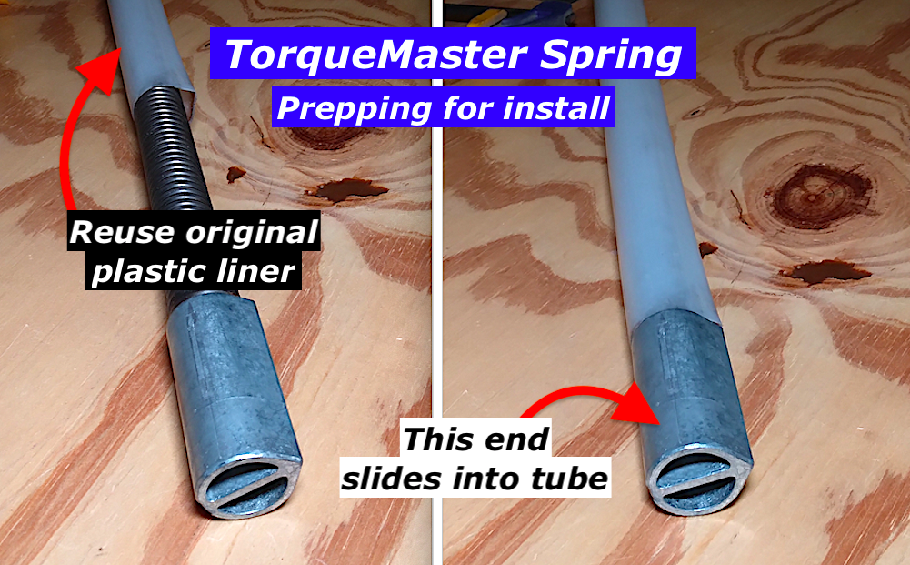 TorqueMaster Plus garage door spring with reused plastic liner installed, showing teardrop stationary cone orientation before inserting into tube