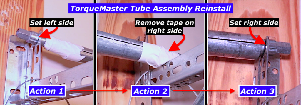 Wayne Dalton TorqueMaster Plus tube reinstall showing left and right spring ends seated into end brackets