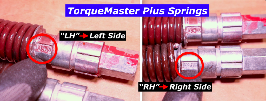 Wayne Dalton TorqueMaster Plus springs showing left-hand and right-hand markings