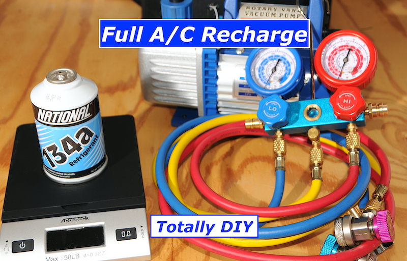 DIY car A/C full recharge setup showing manifold gauges, vacuum pump, digital scale with R-134a refrigerant can