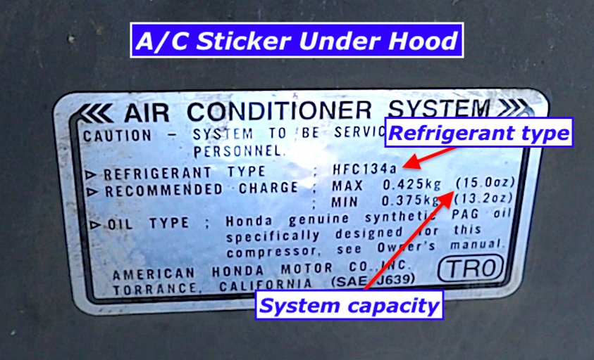 Under-hood sticker showing exact R-134a refrigerant amount for car AC recharge
