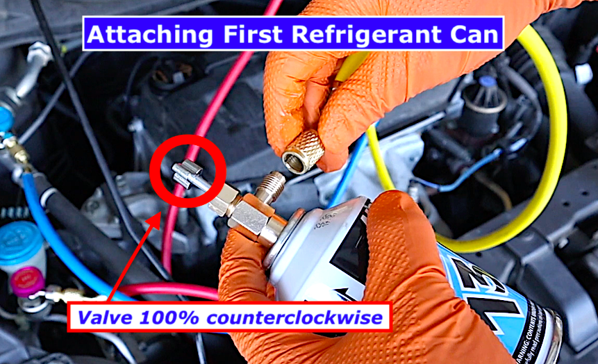 DIY car AC full recharge: attaching first R-134a can with valve fully counterclockwise to prevent refrigerant spew