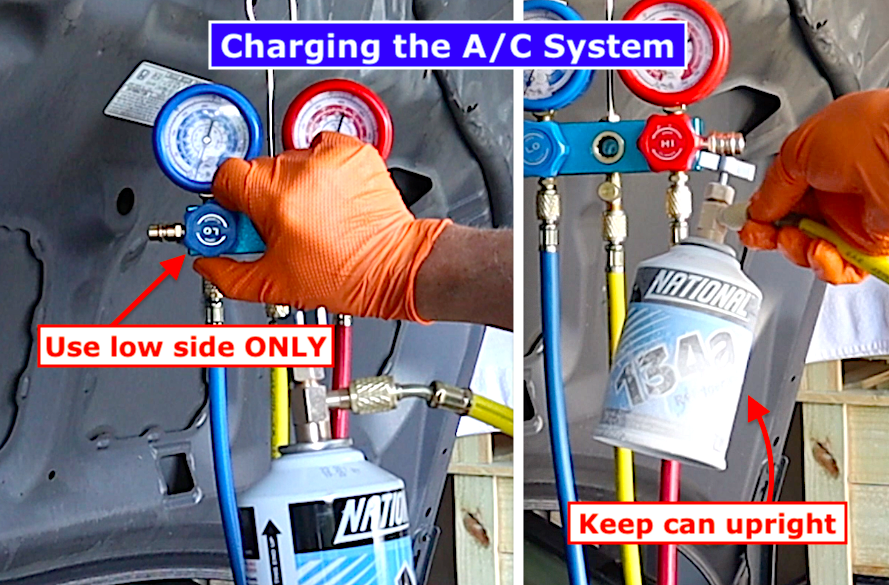 DIY car AC full recharge: charging with manifold gauges using low side only and keeping the R-134a can upright