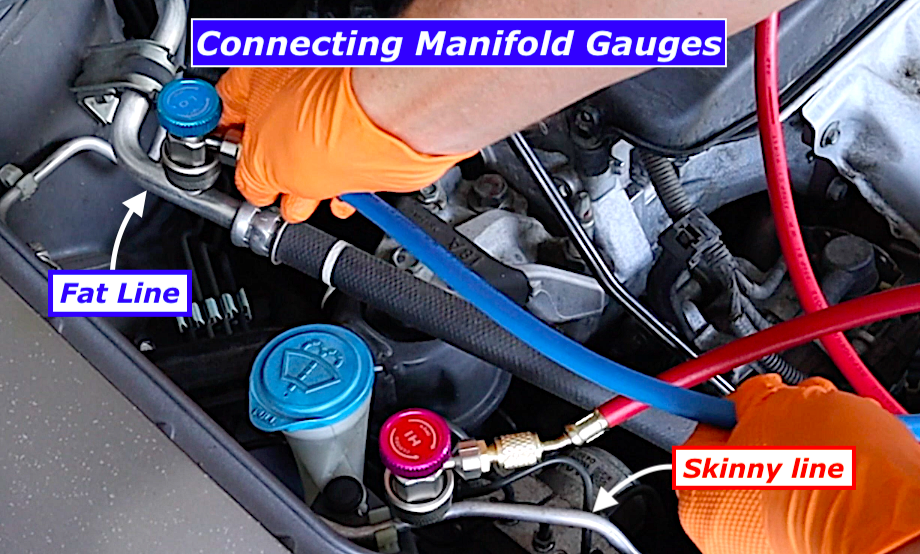 DIY car AC full recharge: connecting manifold gauges to the low-side fat line and high-side skinny line ports