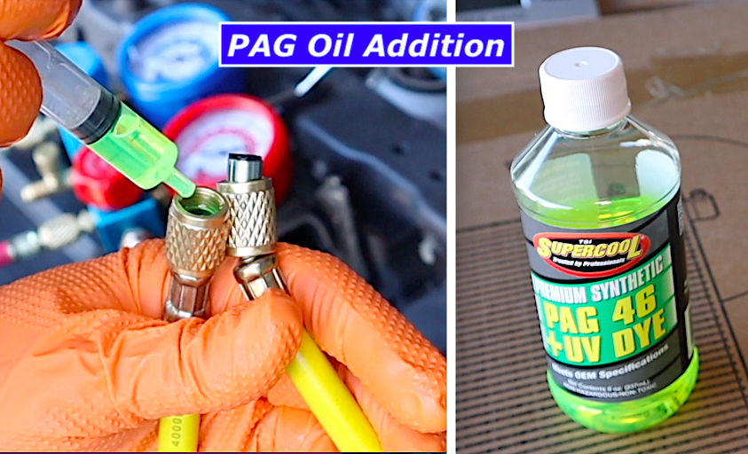 DIY car AC full recharge: adding 1 oz of PAG 46 oil to the yellow charging hose before first can