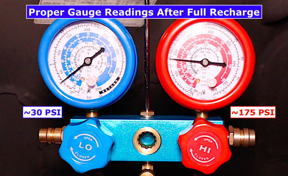 DIY car AC full recharge: normal manifold gauge readings after proper evacuation and R-134a charging