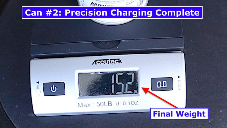 DIY car AC full recharge: final weight of Can #2 on digital scale after precision R-134a charging