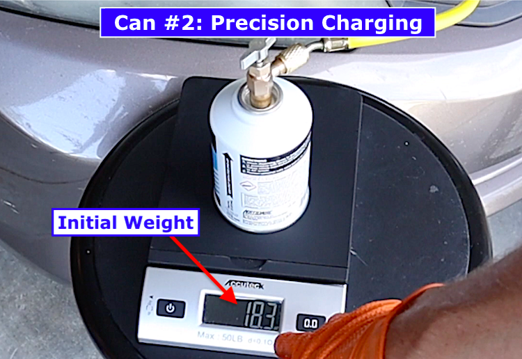 DIY car AC full recharge: weighing Can #2 on digital scale to measure exact initial weight before precision R-134a charging