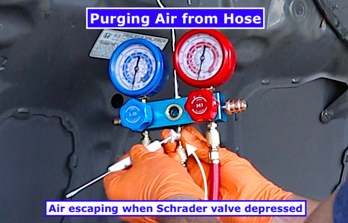DIY car AC full recharge: purging air from yellow hose by depressing Schrader valve before charging