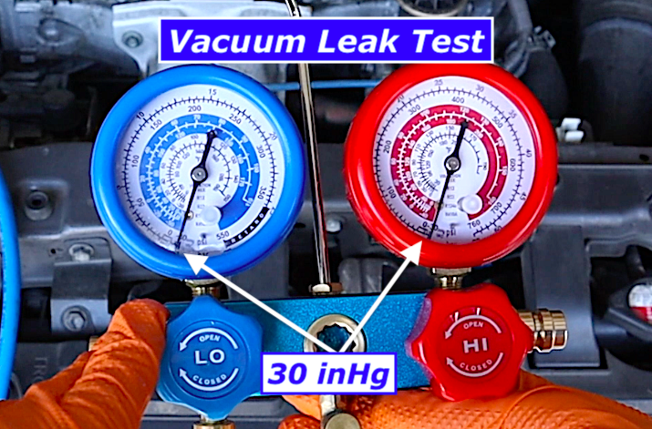 DIY car AC full recharge: vacuum leak test showing manifold gauges holding steady at 30 inHg