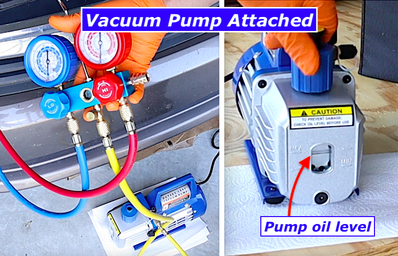DIY car AC full recharge: vacuum pump attached to manifold gauges and close-up of pump oil level check