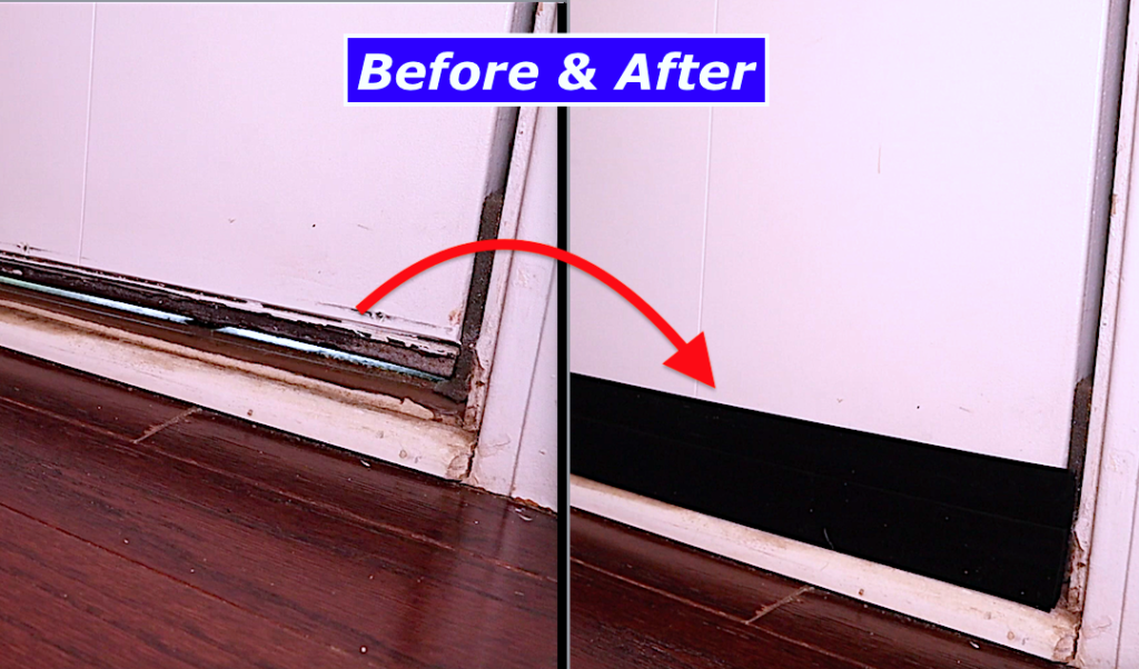 Before and after of fixing gap under front door with adhesive door draft seal – daylight and drafts eliminated