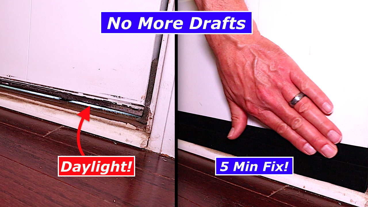Before and after of gap under front door fixed with adhesive door draft seal – daylight eliminated in 5 minutes